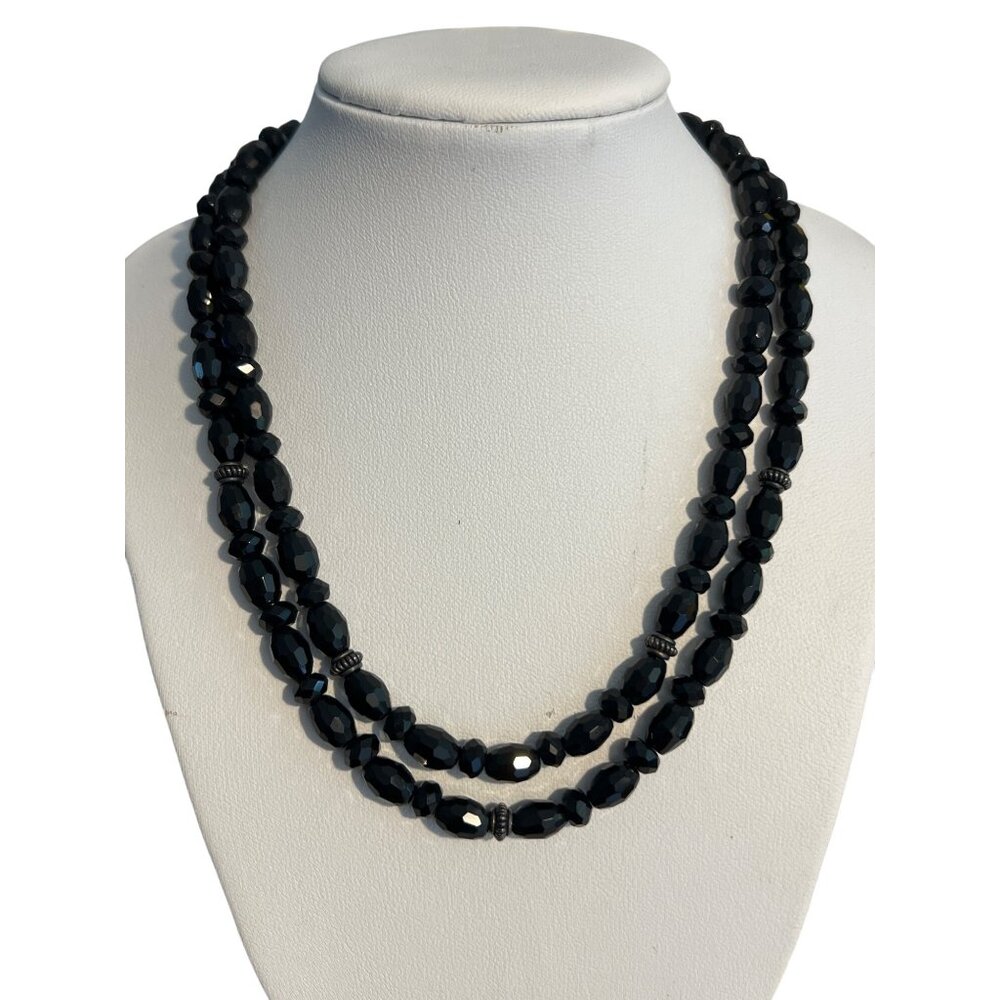 Vintage Black Glass Faceted Bead Necklace Double Strand Collar Estate Adj 16"